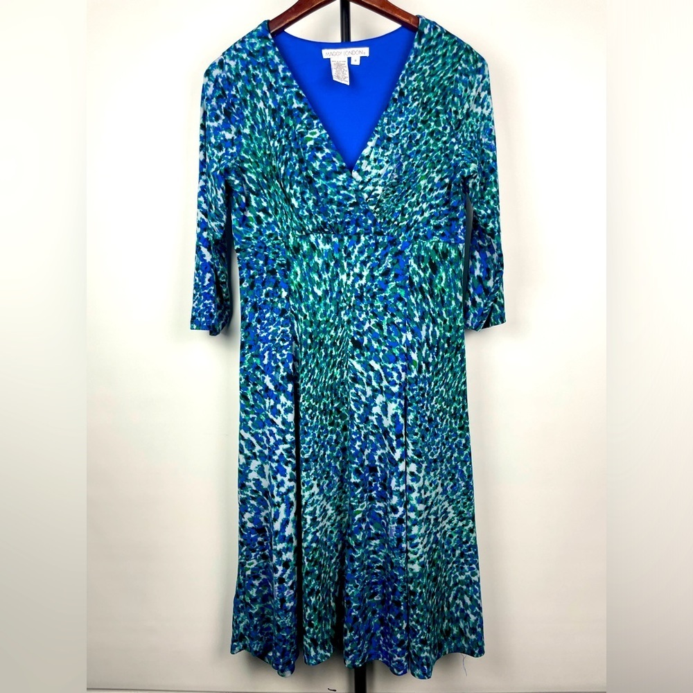 Maggy London Blue Green Animal Print 3/4 Sleeve Empire‎ Waist Fit & Flare Dress